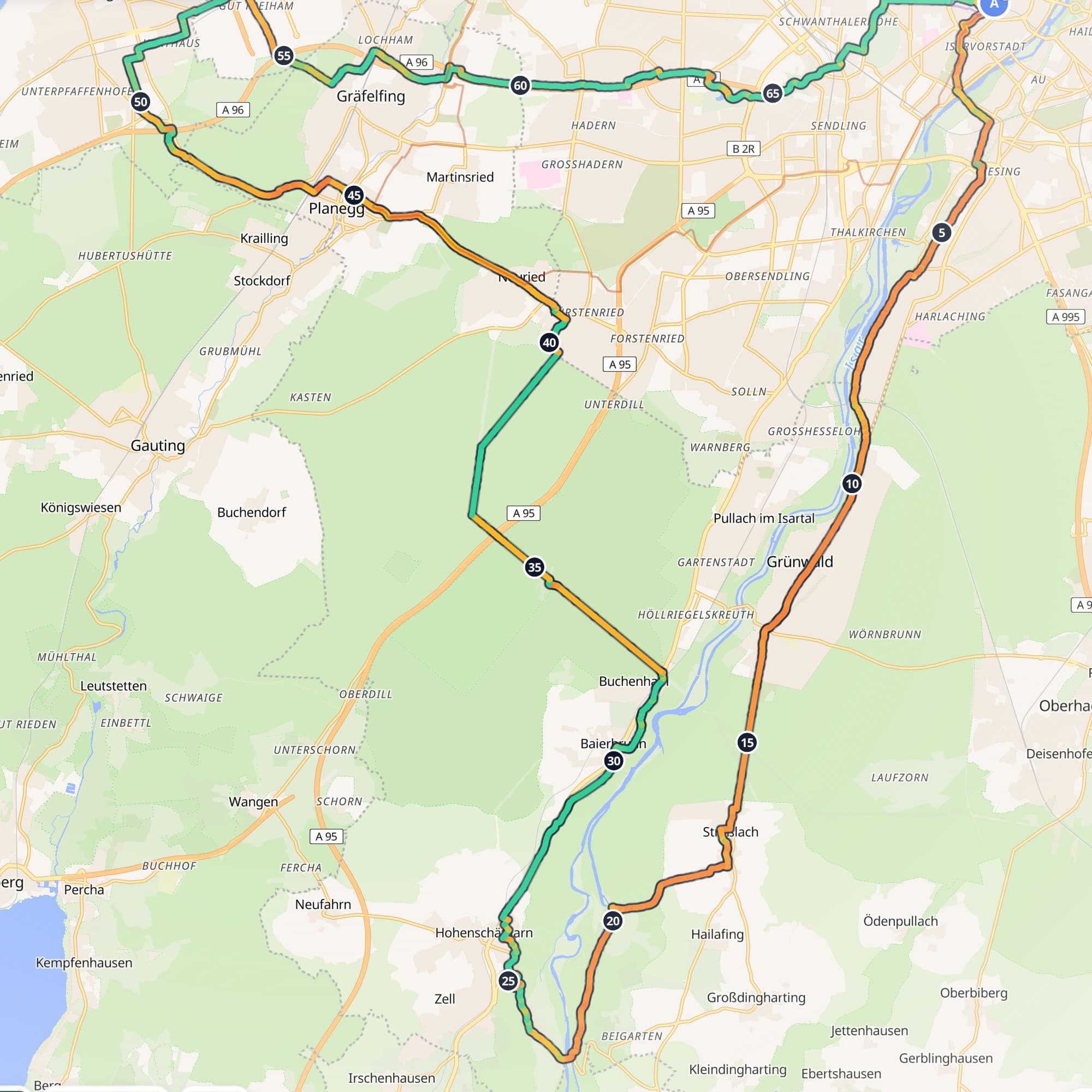 Kartenausschnitt aus dem Planer: eine Rundtour südlich von München, nach Wind eingefärbt — grün, wo der Wind von hinten schiebt, rot, wo er von vorn kommt.