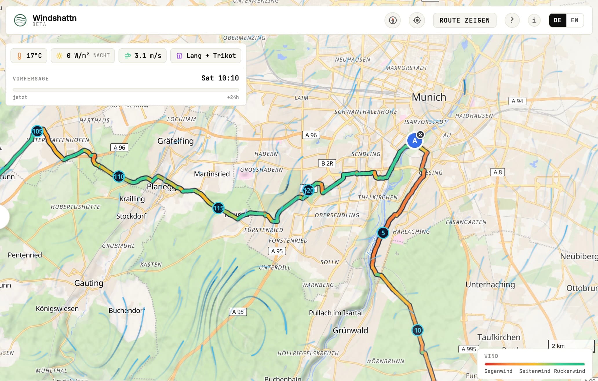 Karte einer Rennrad-Route durch den Großraum München mit Wind-Färbung — grün für Rückenwind, gelb für Seitenwind, rot für Gegenwind