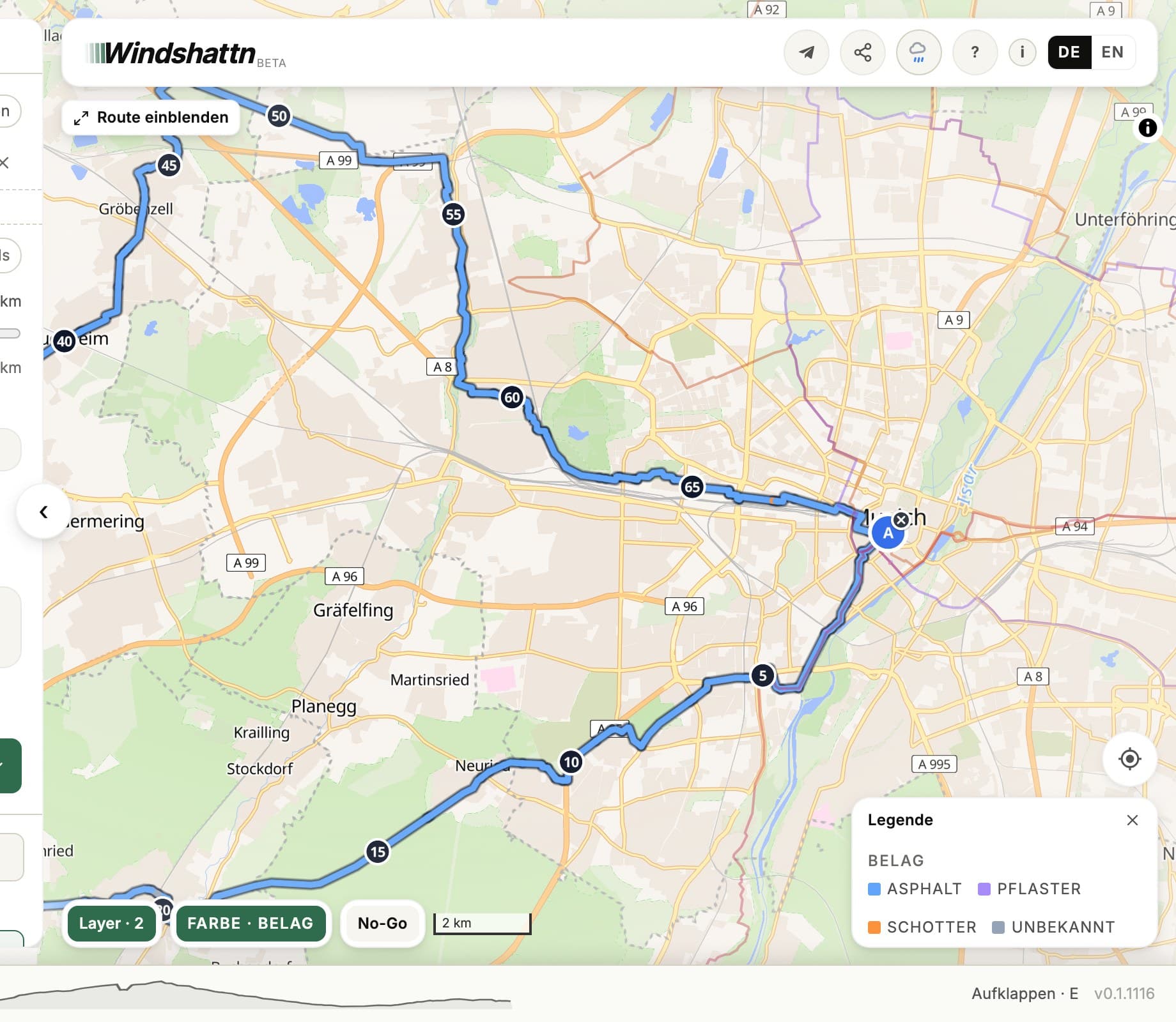 Route nach Belag gefärbt