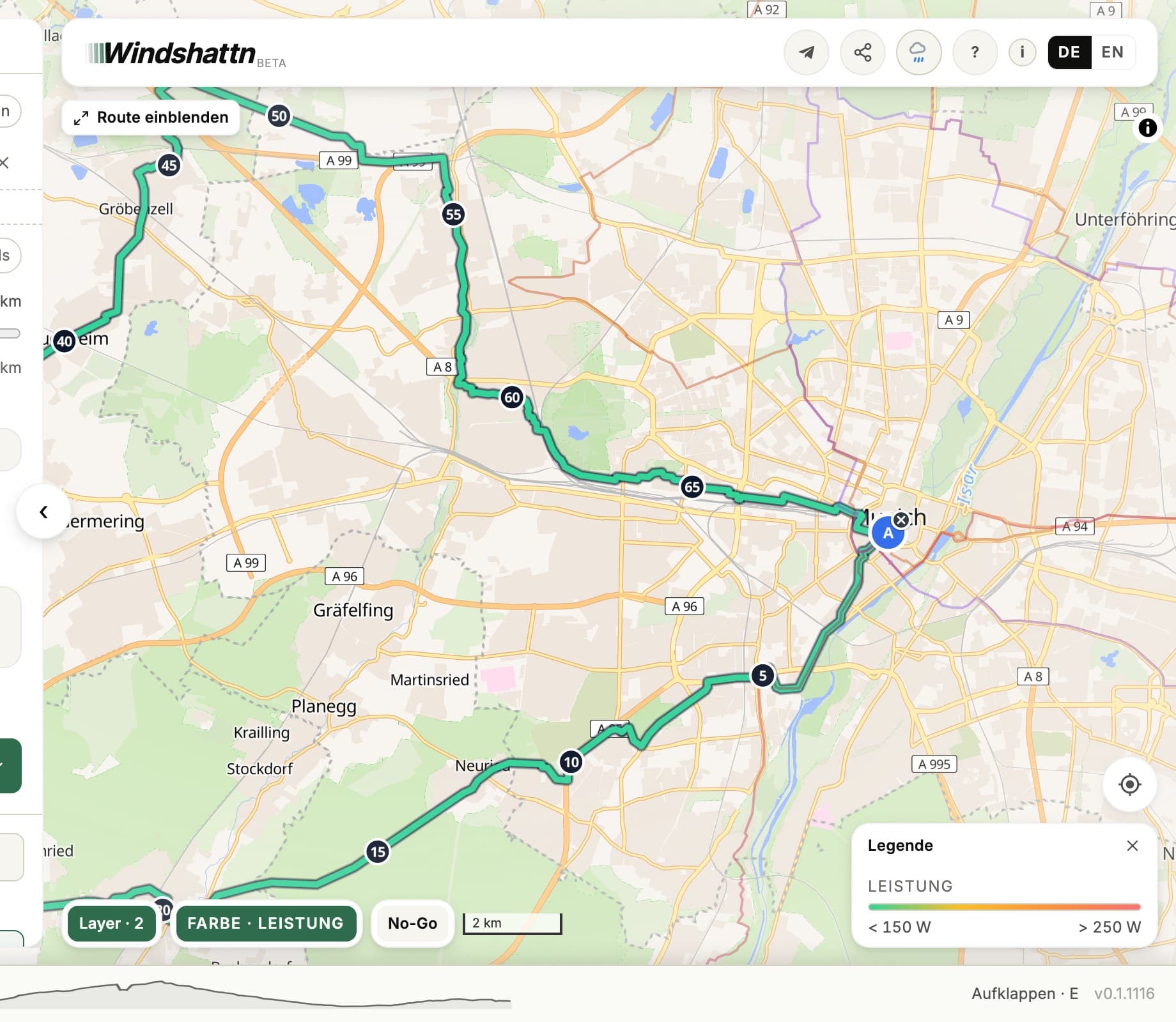 Route nach Leistung gefärbt
