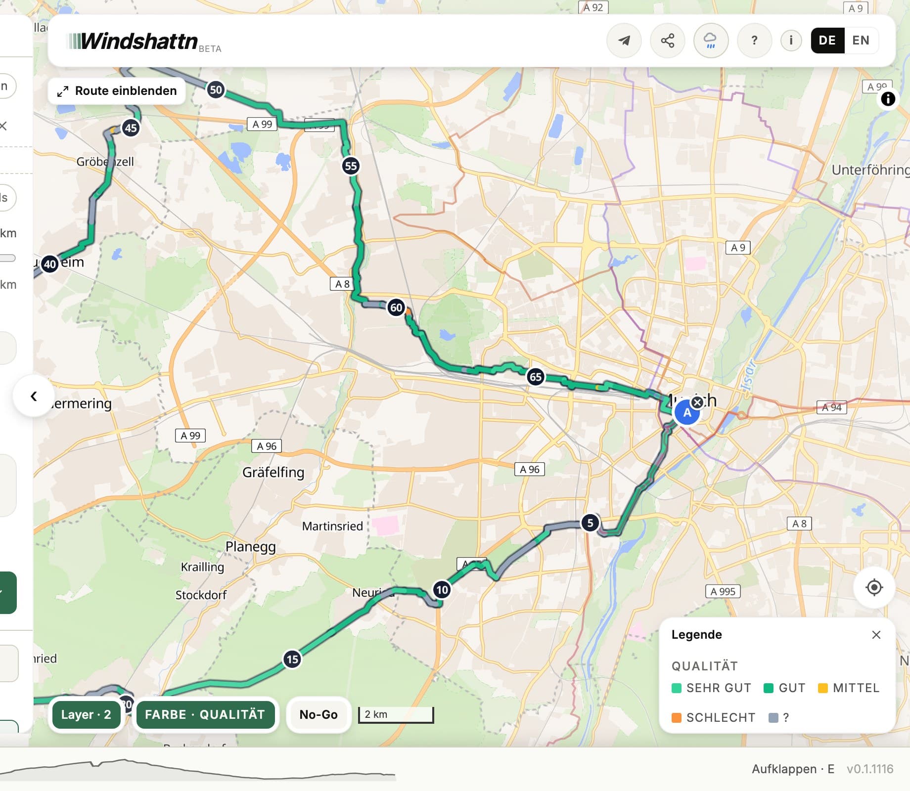 Route nach Oberflächen-Qualität gefärbt