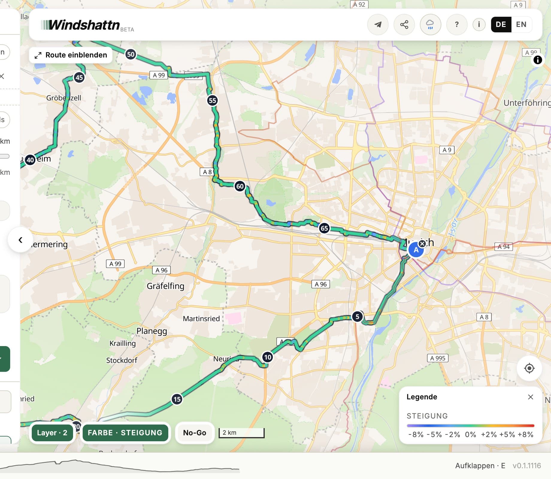 Route nach Steigung gefärbt