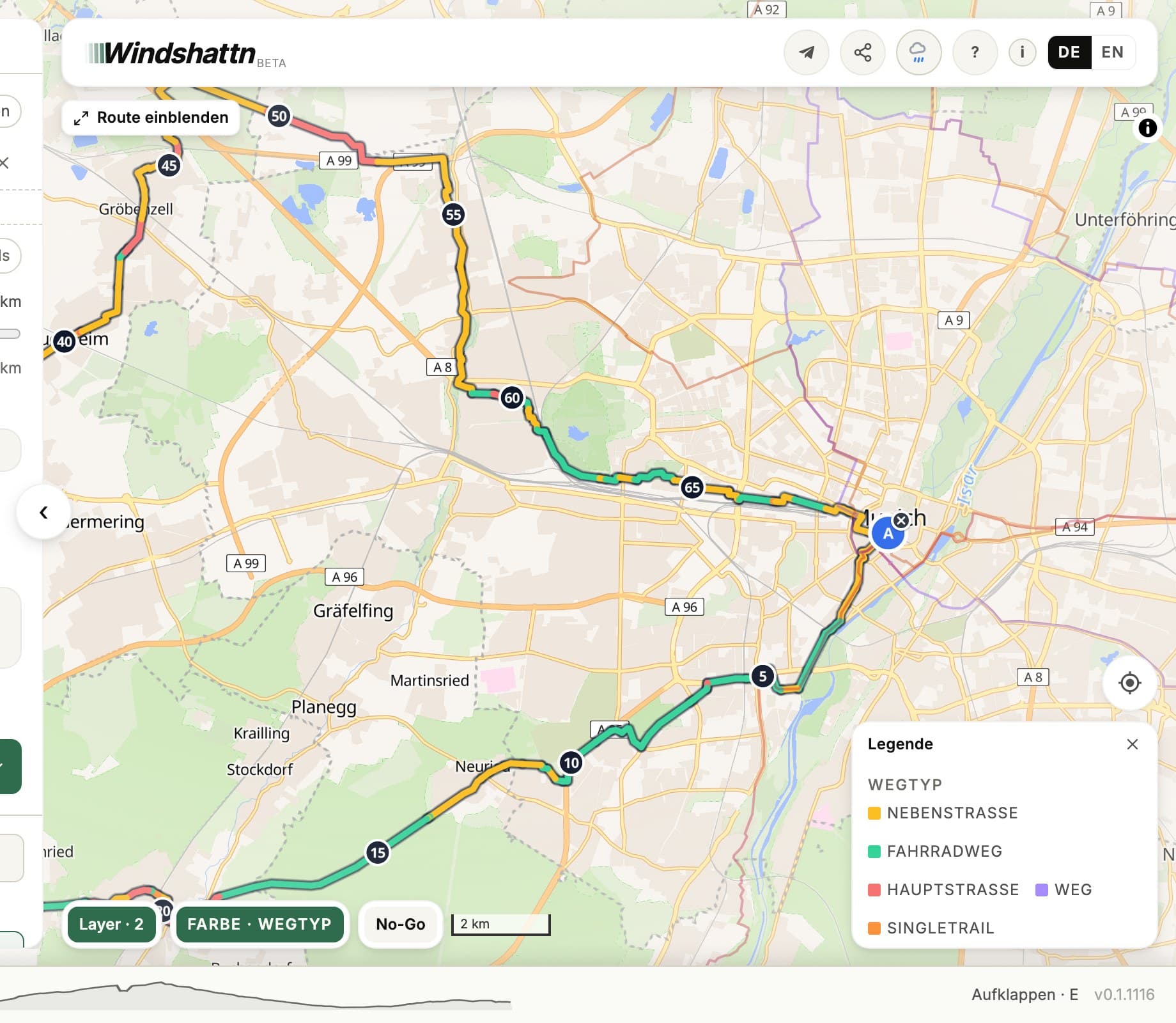 Route nach Wegtyp gefärbt
