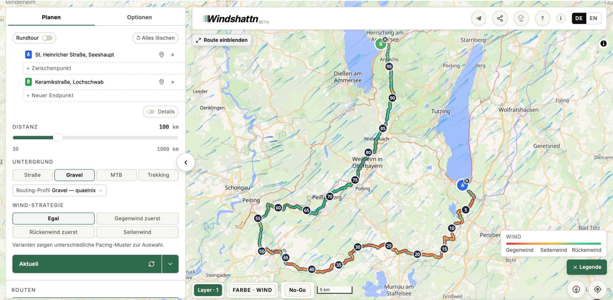 Windshattn-Planer mit verlängerter A-nach-B-Strecke: gleiche Start/Ziel-Punkte, aber Distanz-Regler auf 100 km hochgezogen, Route schlägt einen weiten Bogen
